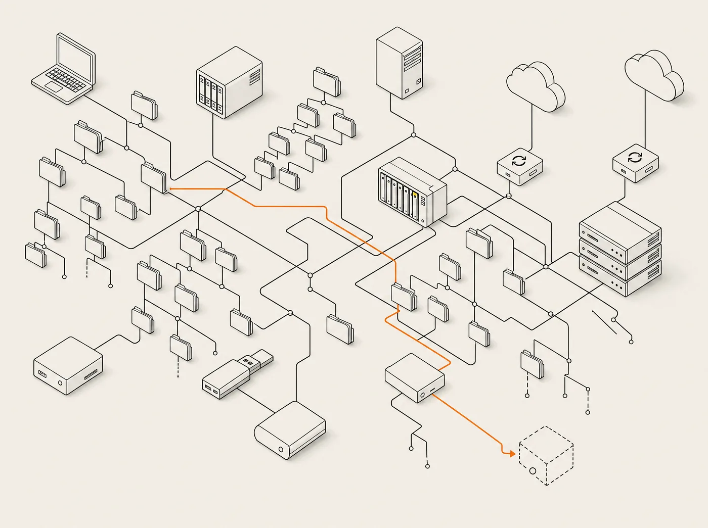 Isometric technical diagram of a sprawling enterprise file estate — laptops, NAS racks, cloud endpoints and nested folder trees tangled together; a single orange route dead-ends at a missing node.
